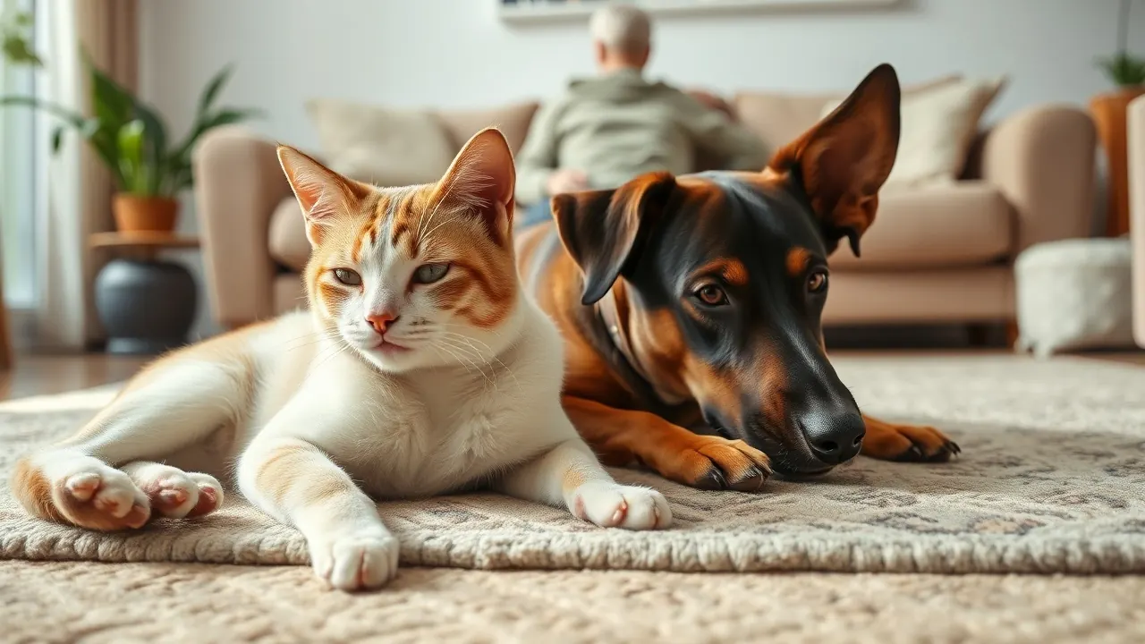 Cat and mixed-breed dog resting together on a living room rug, for US pet statistics 2026