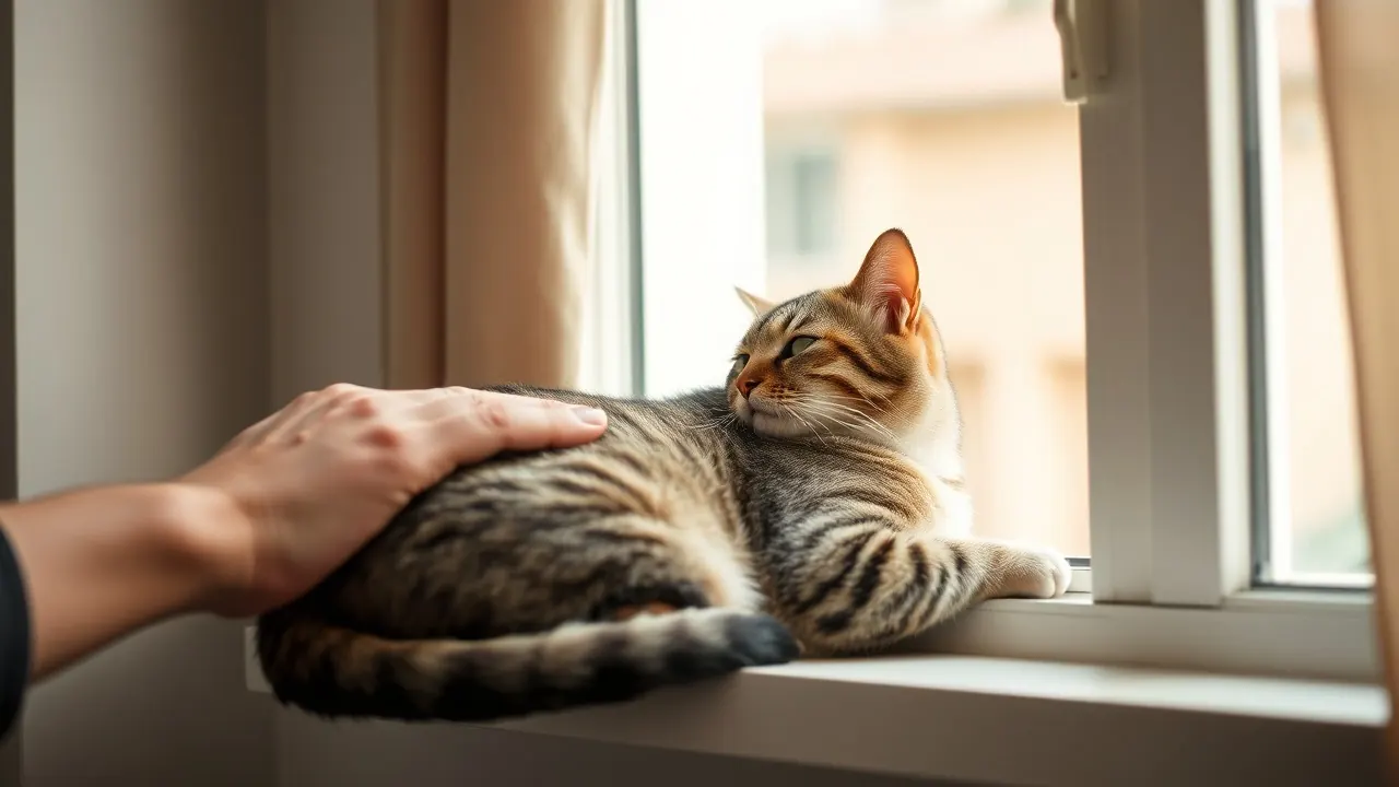 Tabby cat resting on a sunny apartment windowsill with its owner, illustrating US pet statistics on cats