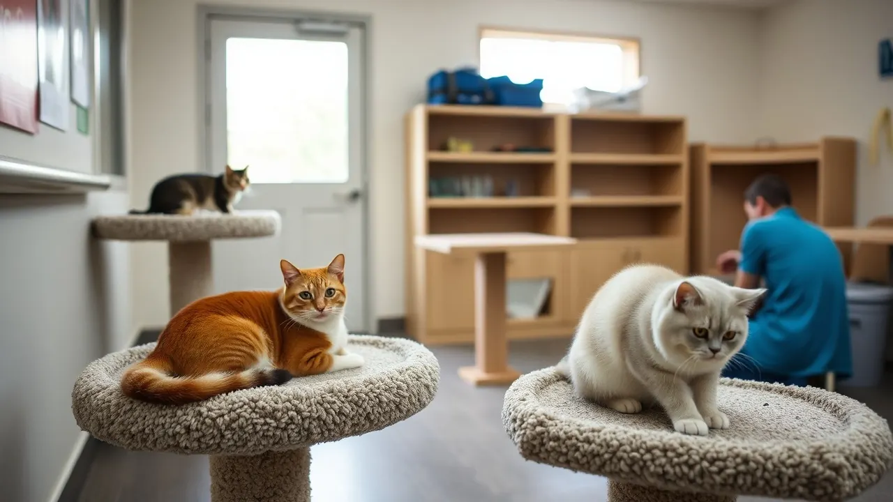 Calm adult cats in a bright shelter adoption room with a volunteer, illustrating US pet statistics on adoption