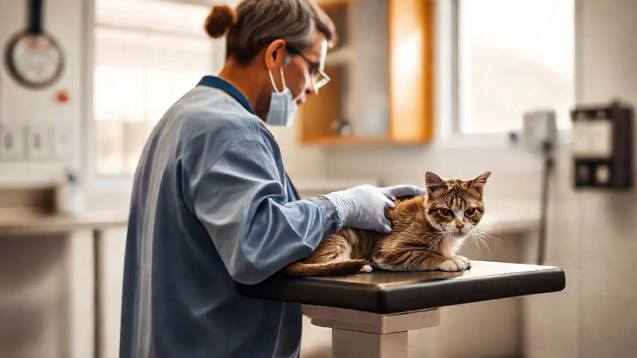 Veterinarian examining a calm cat in a bright clinic, a pet statistics photo on US vet care