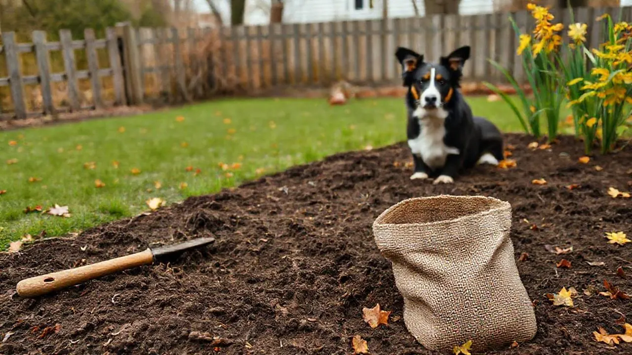 A border collie sits behind a low fence as a gardener plants tulip and daffodil bulbs
