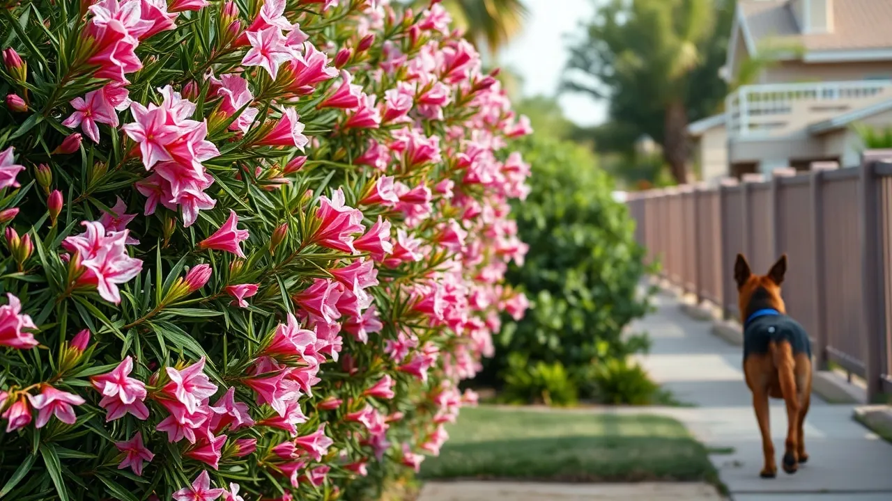 A leashed German shepherd walks past a flowering pink and white oleander hedge on a Phoenix sidewalk