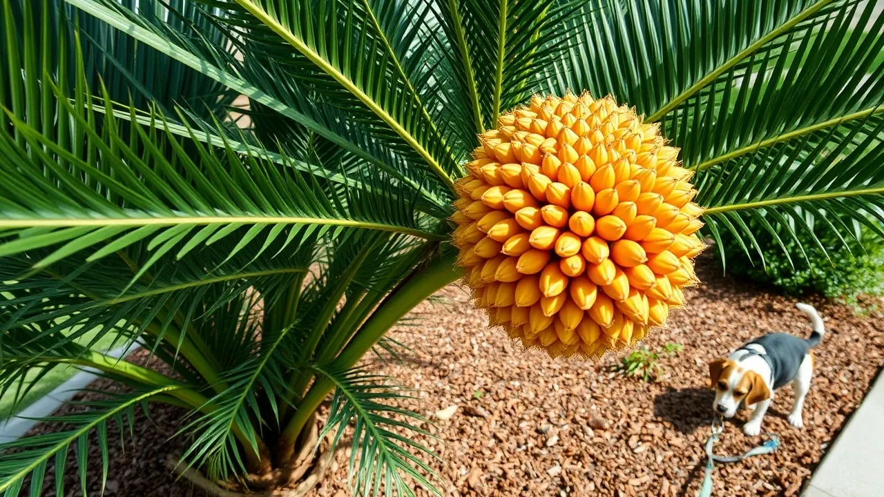 A leashed beagle sniffs mulch near a female sago palm with orange seeds, among poisonous plants for dogs