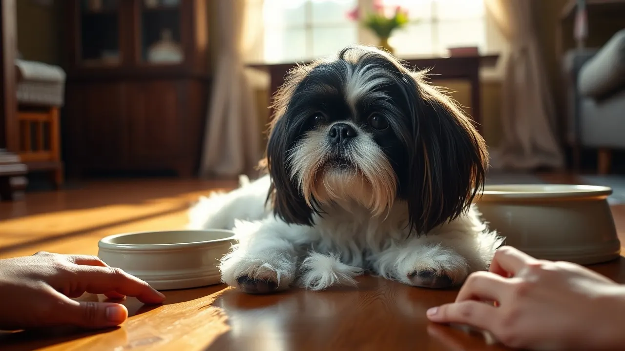 A black and white Shih Tzu lies on a wooden floor beside a ceramic water bowl in a bright living room.