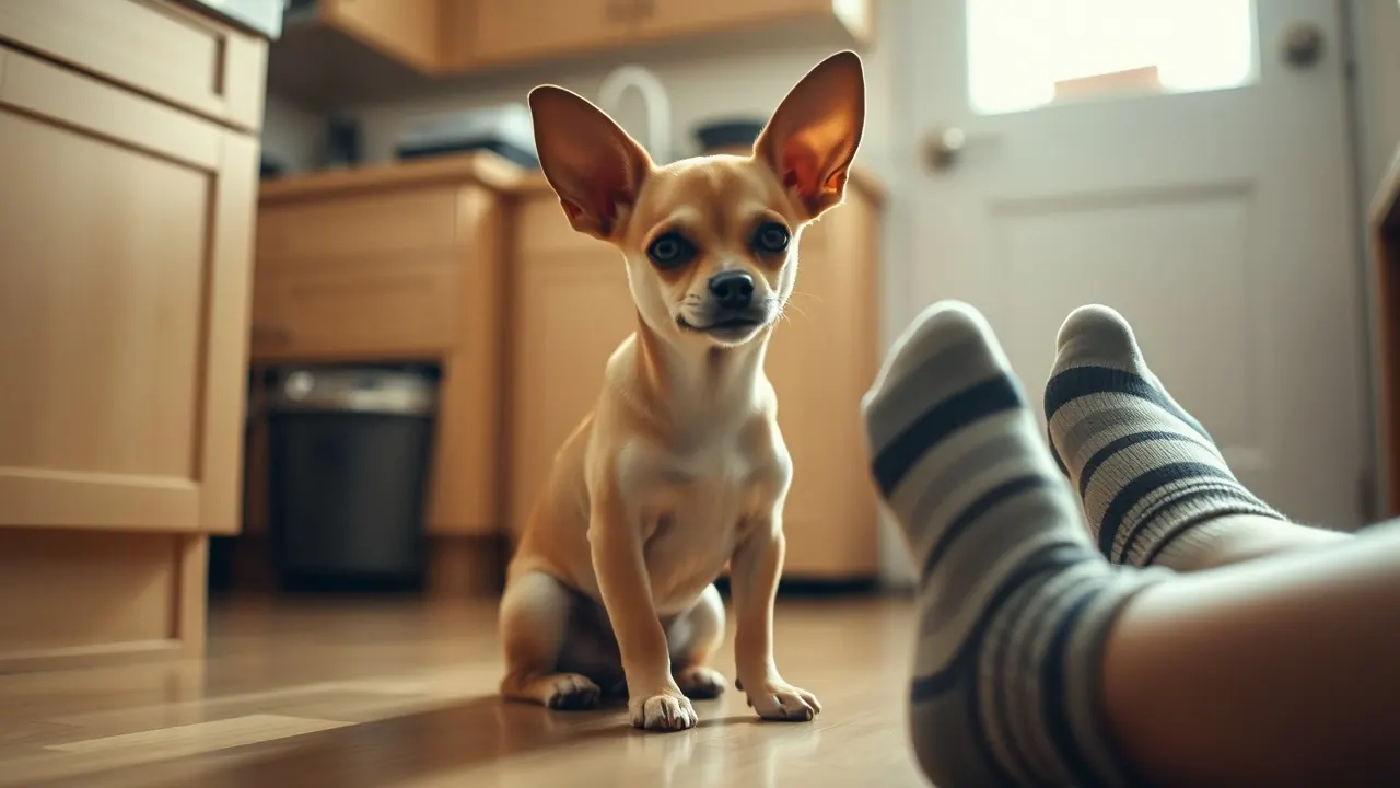 A small tan Chihuahua with upright ears sits on a sunny apartment kitchen floor beside a person's feet.