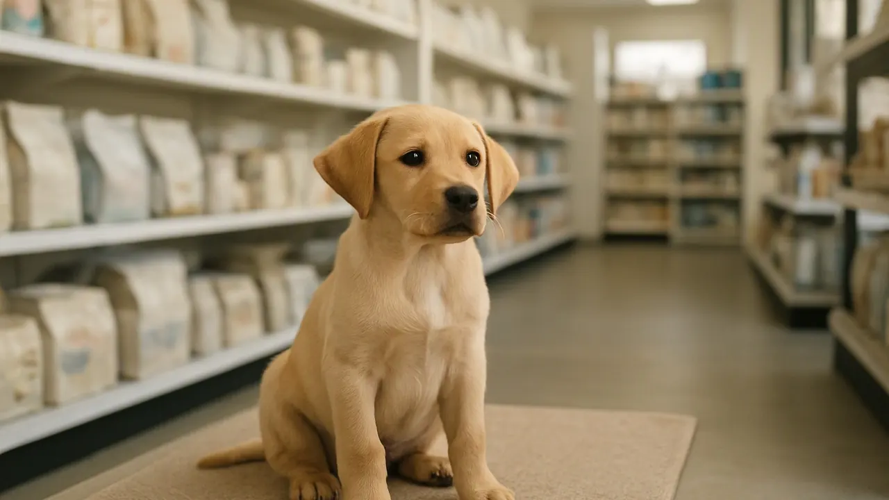 A yellow Labrador puppy sits on a mat in a bright pet supply store, illustrating puppy mill laws by state