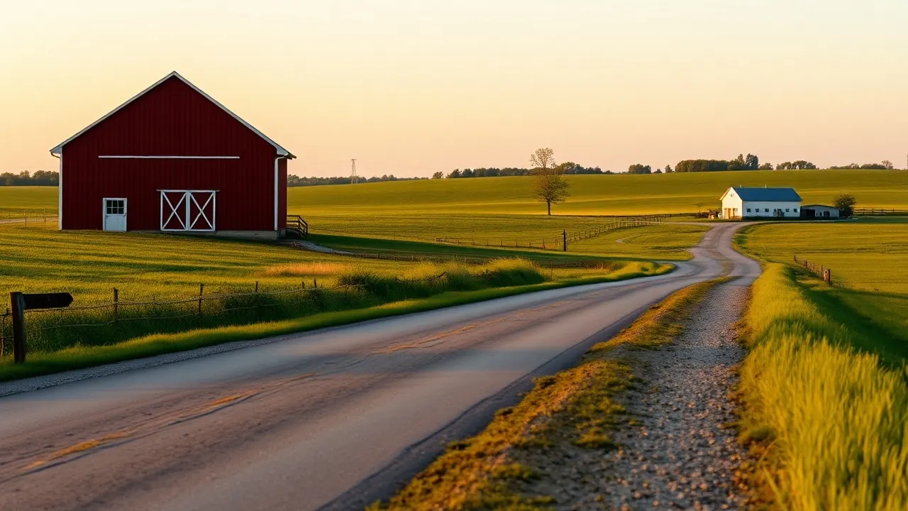 A rural Missouri farm at golden hour, the state with the most USDA-licensed breeders under puppy mill laws