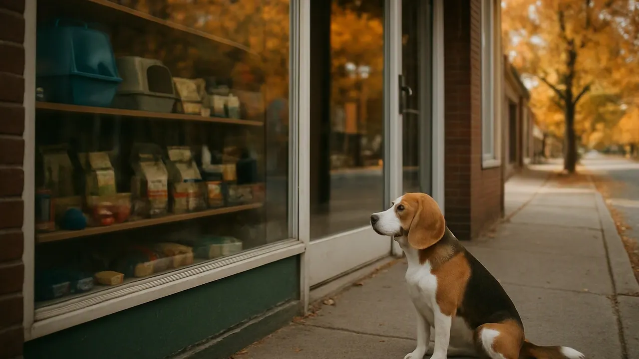 A beagle sits outside a small-town pet supply store window, illustrating state puppy mill pet store bans