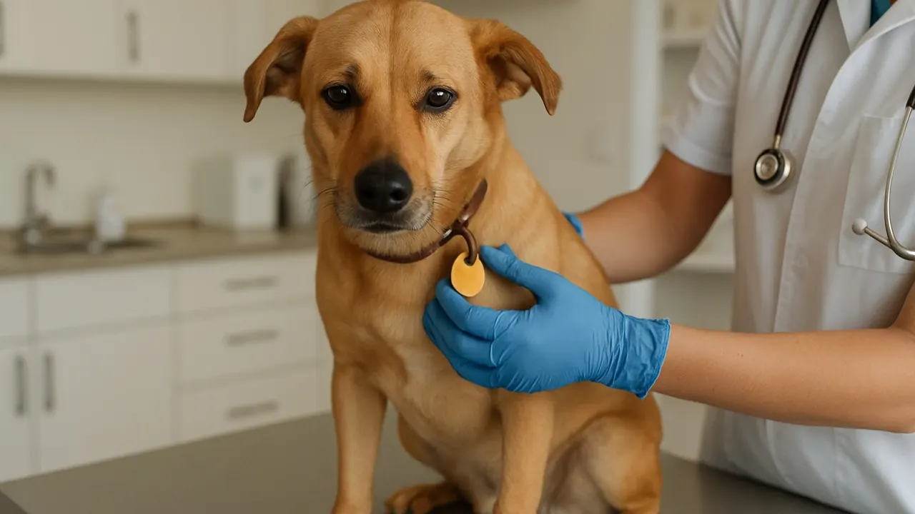 A calm tan dog sits on a vet clinic exam table while a veterinarian checks its vaccination tag