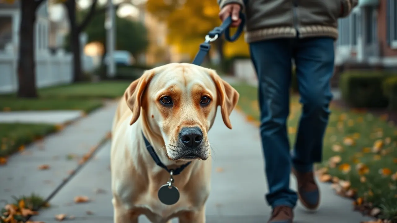A yellow Labrador on a leash walks along a suburban sidewalk in autumn with a plain metal tag on its collar