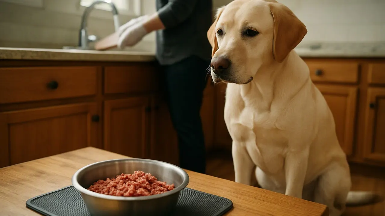 A Labrador sits beside a bowl of raw meat in a kitchen, illustrating raw dog food statistics