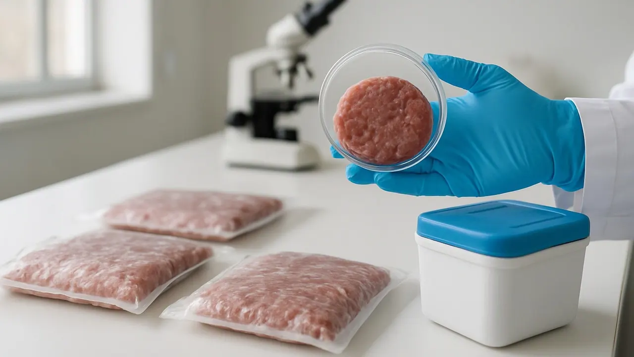 Gloved hands hold a petri dish beside frozen samples, the kind of lab testing behind raw dog food statistics