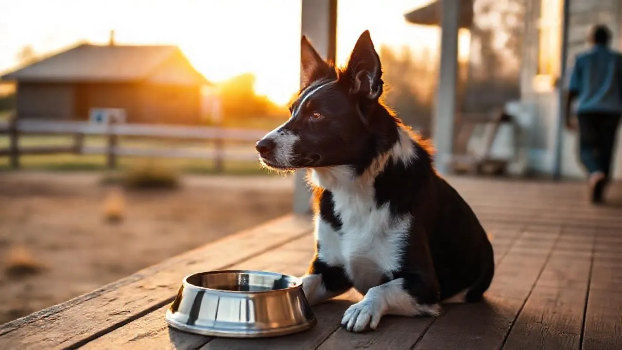 A Border Collie sits beside an empty steel bowl on a farmhouse porch, a scene from raw dog food surveys