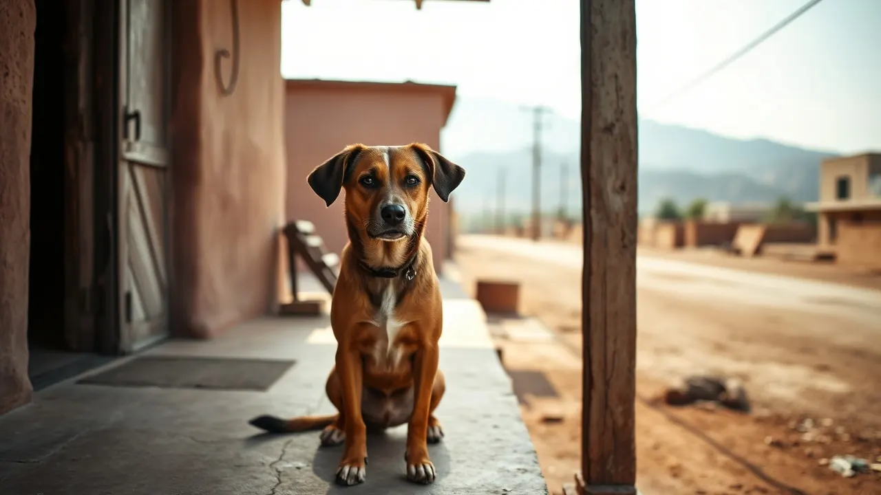A brown mixed-breed dog on a shaded porch in northern Mexico, where screwworm in dogs is common near the border.