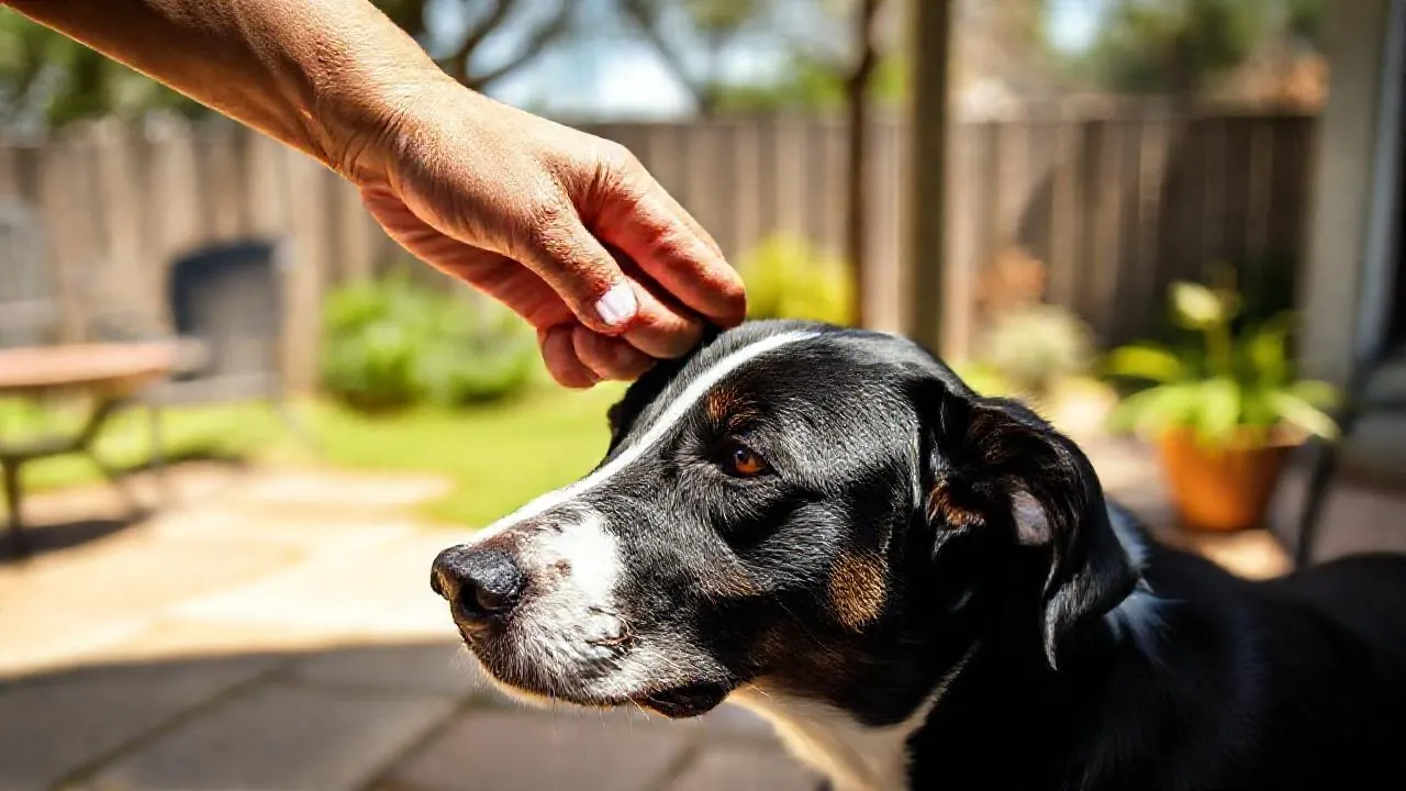 Hands checking a calm dog's ear on a Texas patio, a daily check for screwworm in dogs symptoms.