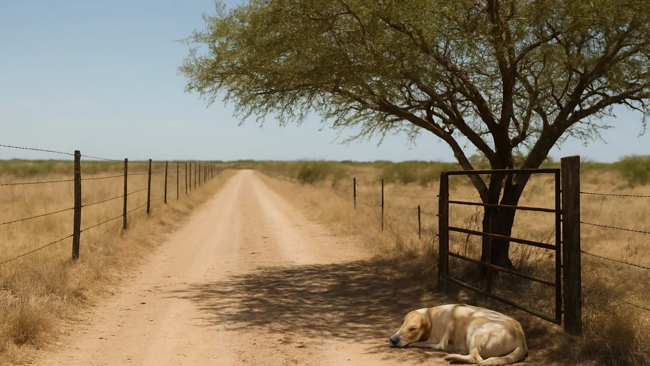 A ranch dog rests by a gate on a dry South Texas ranch road, where screwworm in dogs is tracked