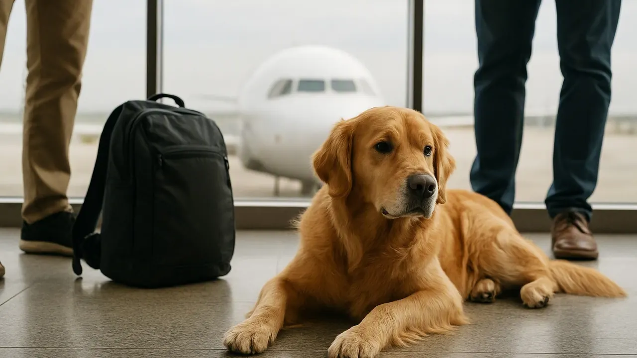 A golden retriever lies beside a backpack at an airport gate, with a plane visible through the window