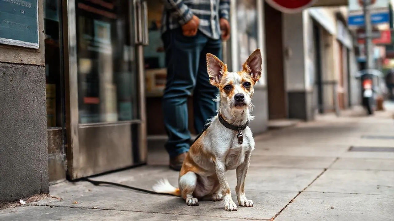 A small terrier on a leash sits on a sidewalk outside a shop door beside its owner's legs
