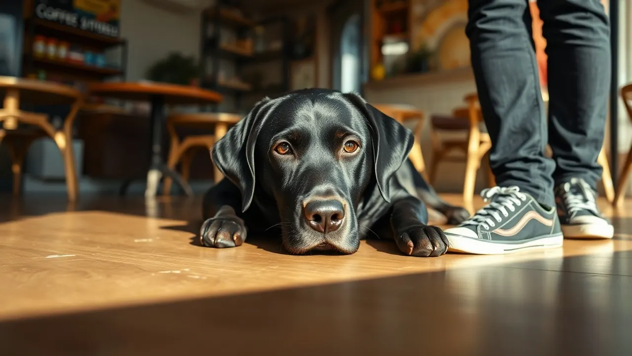 A black Labrador lies calmly under a cafe table beside its handler's feet