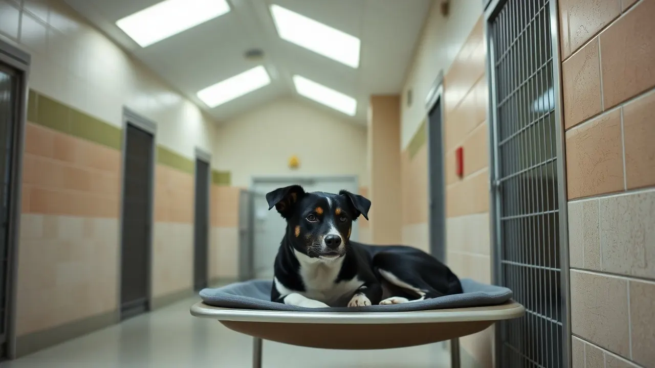 A calm black and white dog rests in a clean county shelter kennel, showing shelter euthanasia rates by state