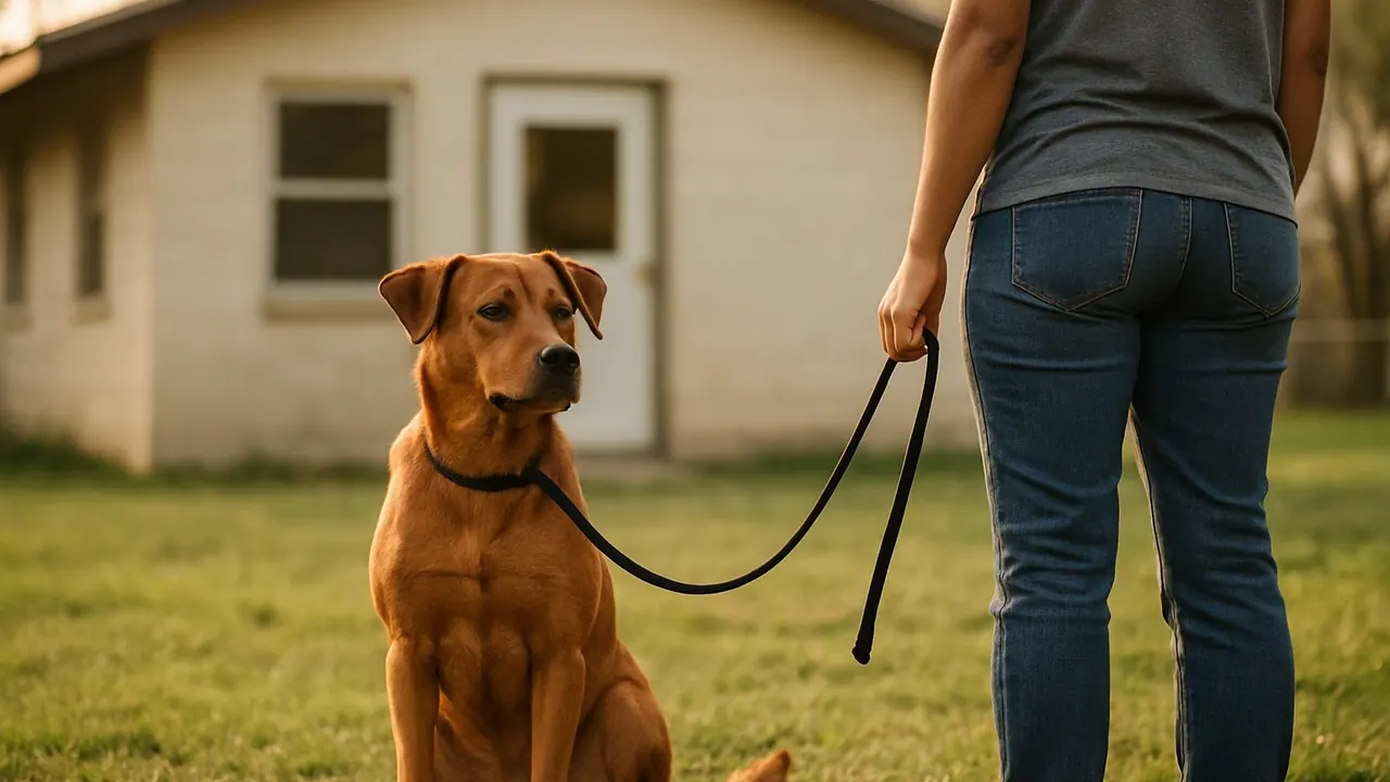 A brown dog sits on a leash outside a small animal shelter, illustrating how many dogs are euthanized each year