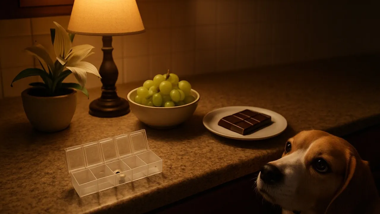 A beagle looks up at a kitchen counter holding a pill organizer, grapes, chocolate and a lily