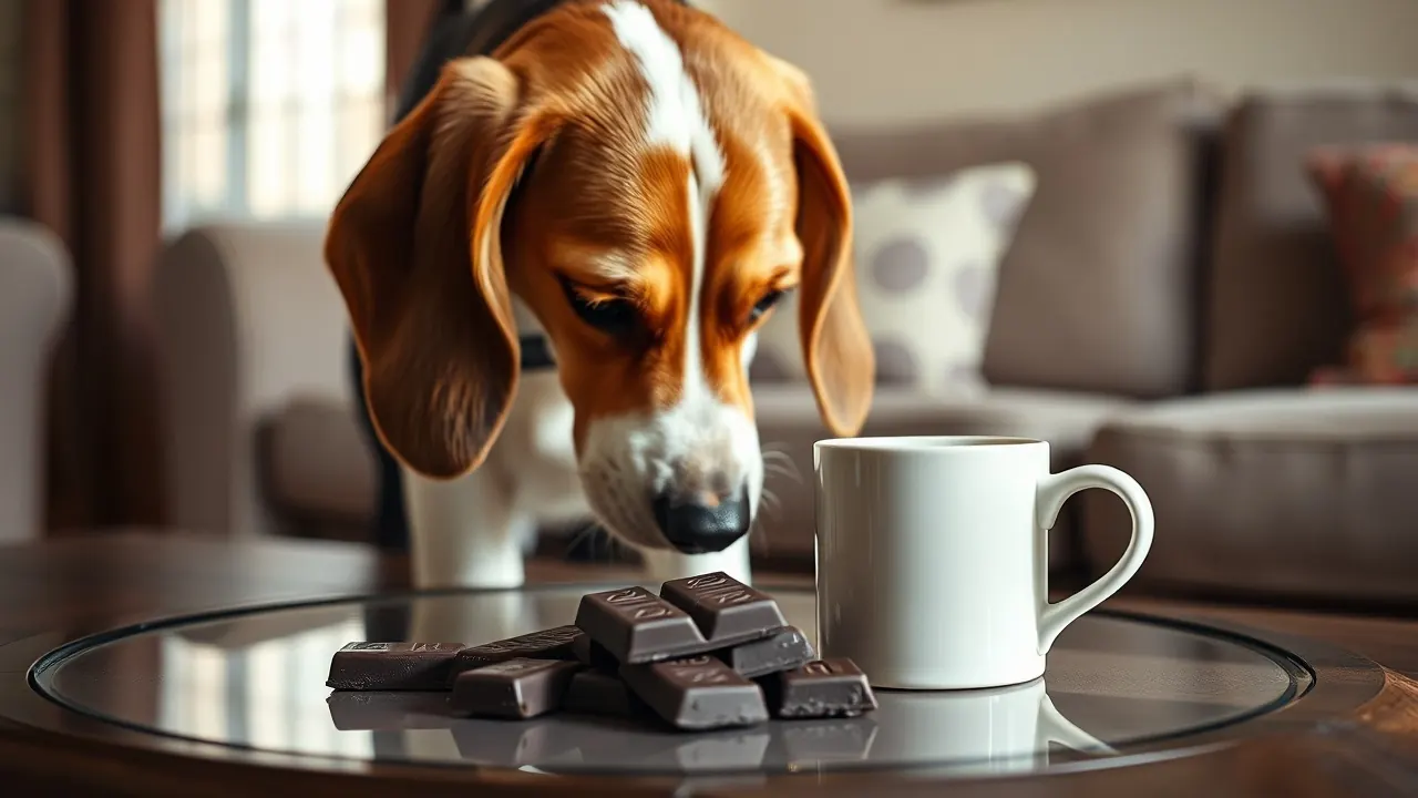 A beagle sniffs at squares of dark chocolate on a low living room coffee table