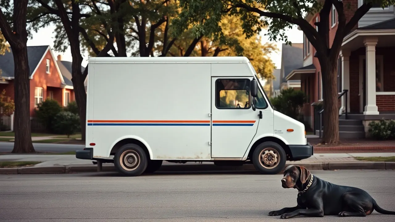 A plain delivery truck on a quiet Denver street near a resting Labrador, showing USPS dog attacks by city