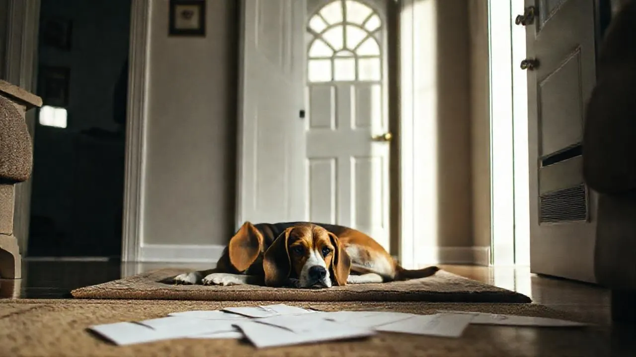 A calm beagle rests in a closed room as mail arrives, a tip for preventing USPS dog attacks