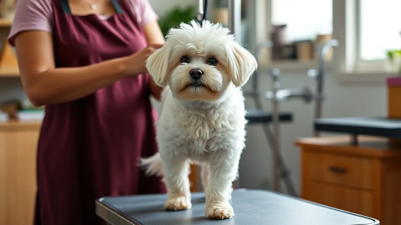 A calm bichon frise being brushed on a grooming table, part of rising pet inflation for services