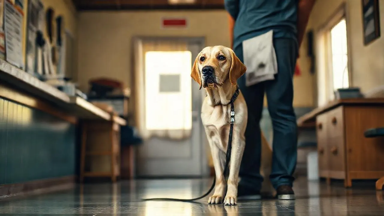 An older yellow Labrador waits calmly at a vet clinic counter, showing why vet bills are going up for owners