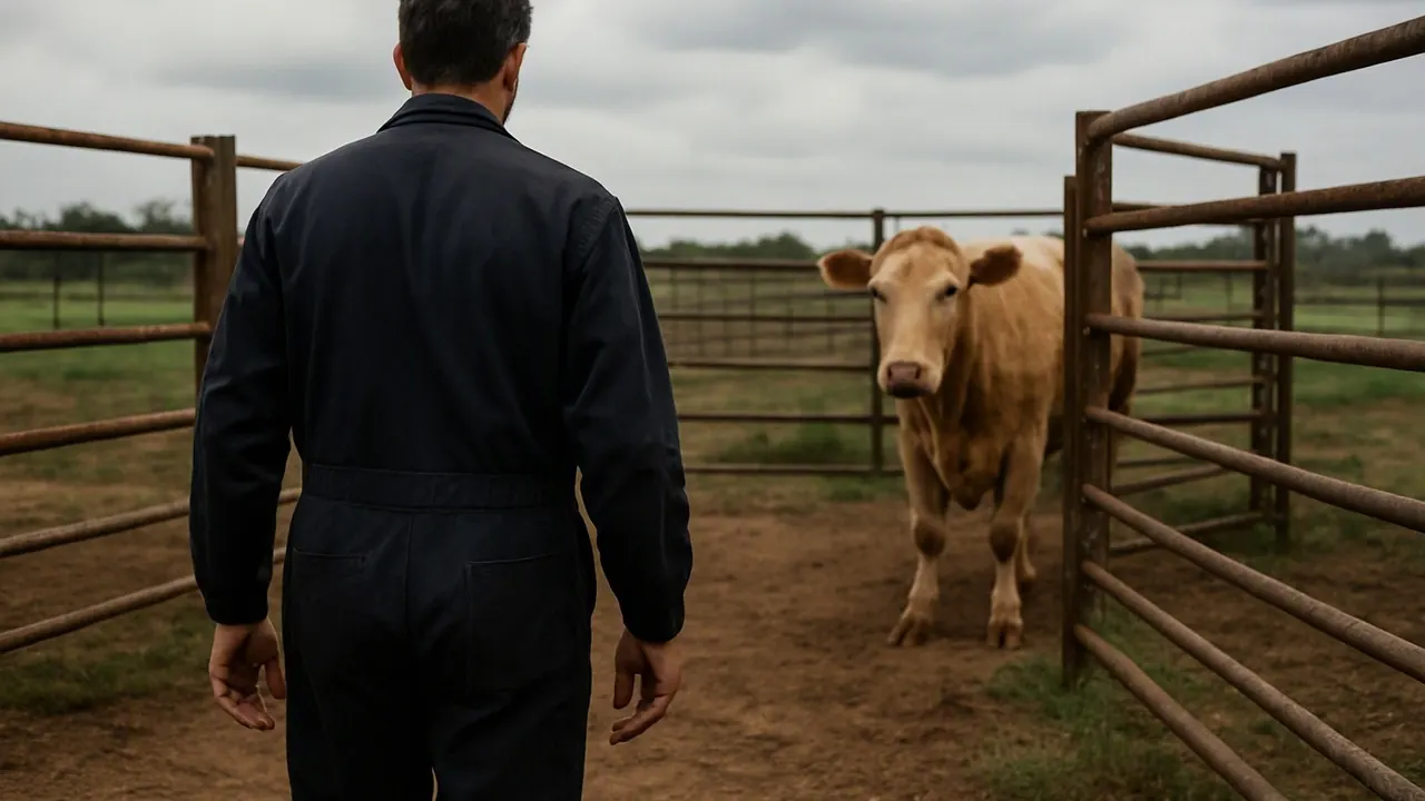 A veterinarian in coveralls, seen from behind, walks into a ranch cattle pen where a cow waits