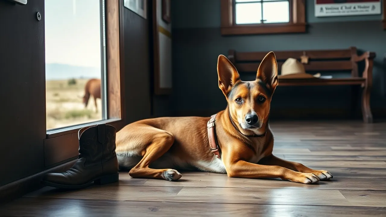 A red heeler cattle dog lies in a rural vet clinic waiting room beside a boot and ranch hat