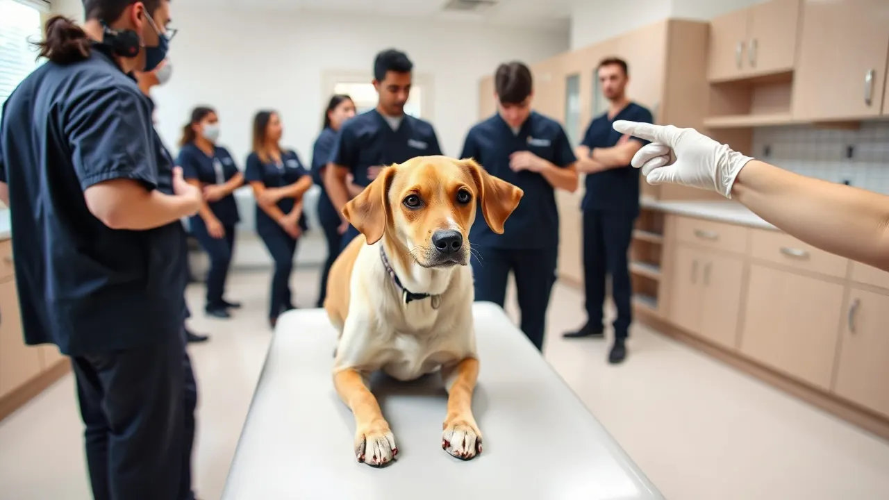 Veterinary students in scrubs, seen from behind, gather around a calm tan dog in a teaching hospital