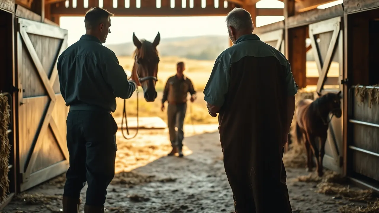 A veterinarian in coveralls, seen from behind, examines a brown horse's leg inside a sunlit rural barn.
