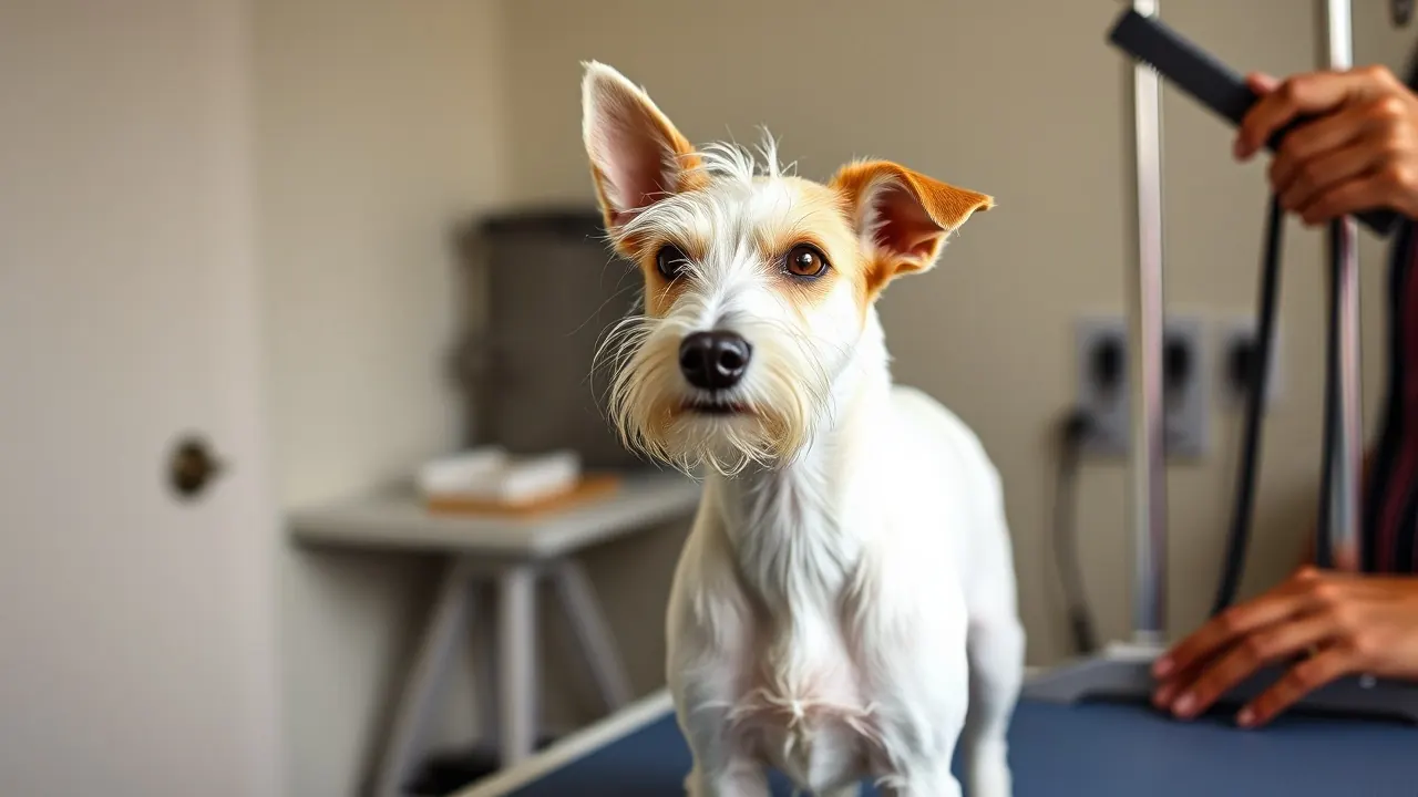 A Wire Fox Terrier on a grooming table backstage, the breed with the most Westminster dog show winners
