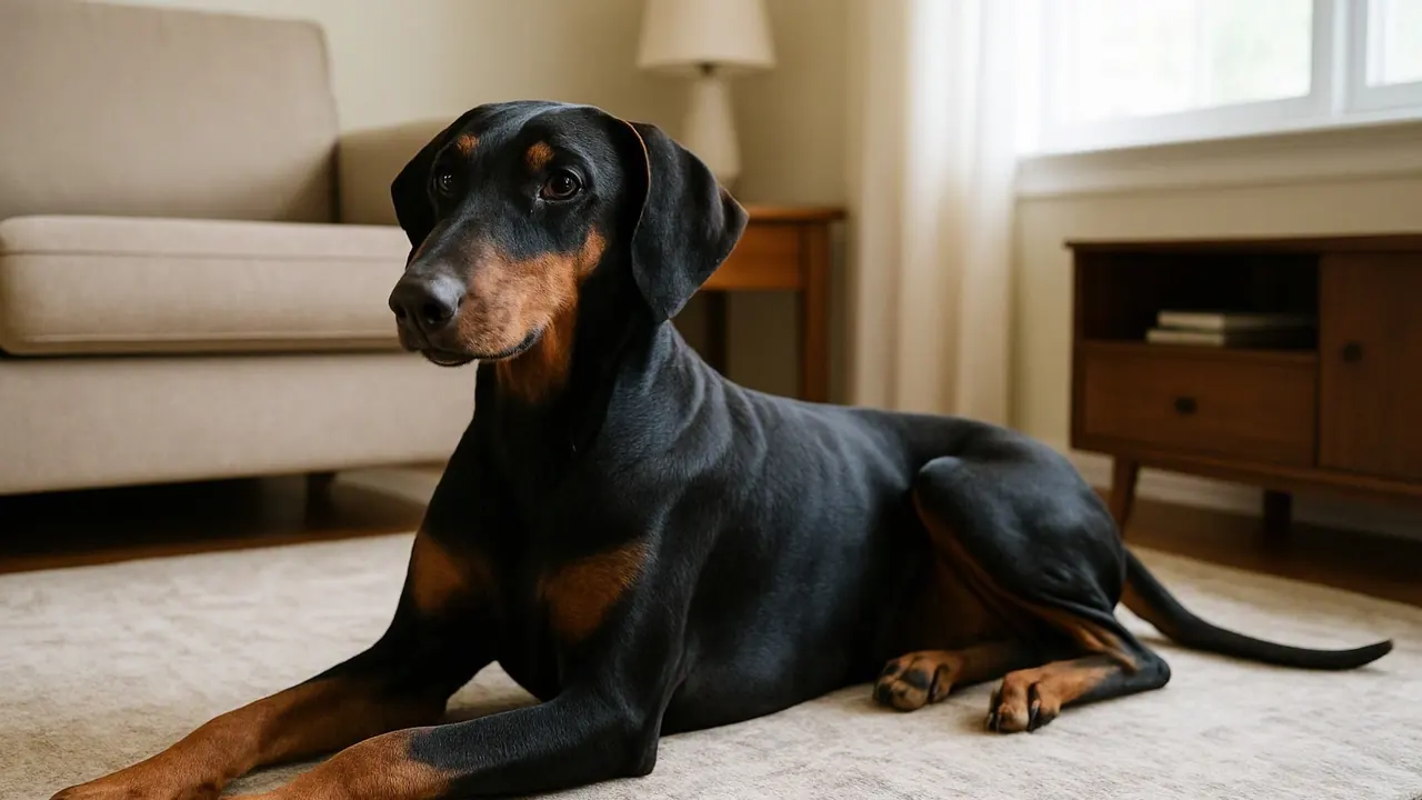 A relaxed Doberman Pinscher on a rug by a winter window, the breed of the 2026 Westminster dog show winner