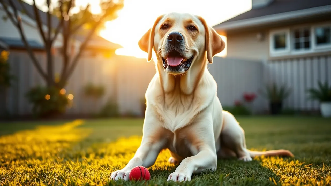 A yellow Labrador sits on a backyard lawn; the popular breed has never been among Westminster dog show winners