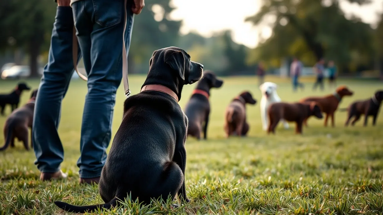A young black Labrador sits in a park training class, a step tied to why dogs are surrendered to shelters