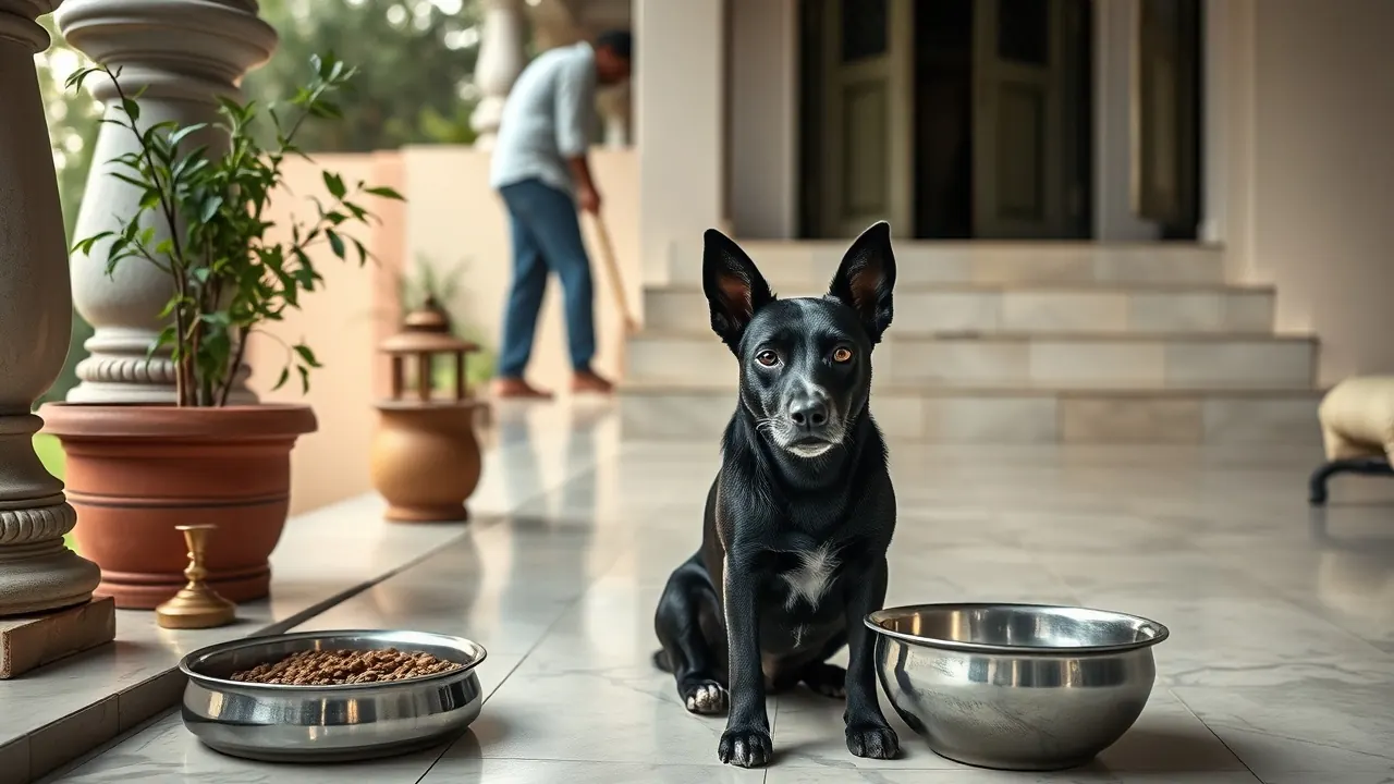 An Indie dog sits by a steel bowl of kibble on a veranda, fed a vegetarian diet for dogs
