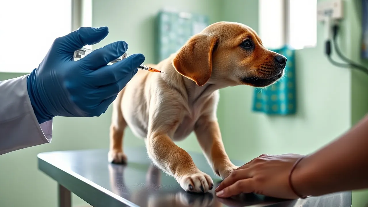 A vet's gloved hands vaccinate a calm fawn Labrador puppy on a steel table while the owner steadies it.