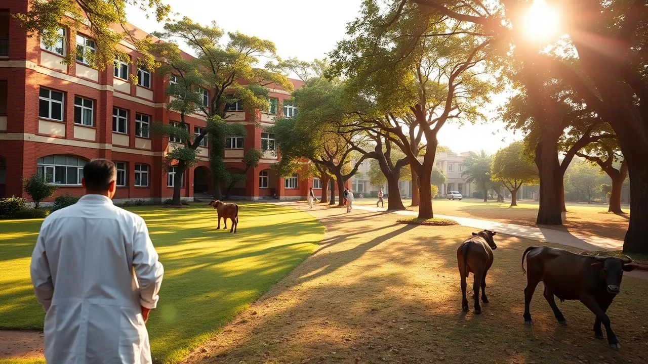 Students walk past a veterinary college building in India, where BVSc fees range from Rs 12,000 to Rs 10 lakh