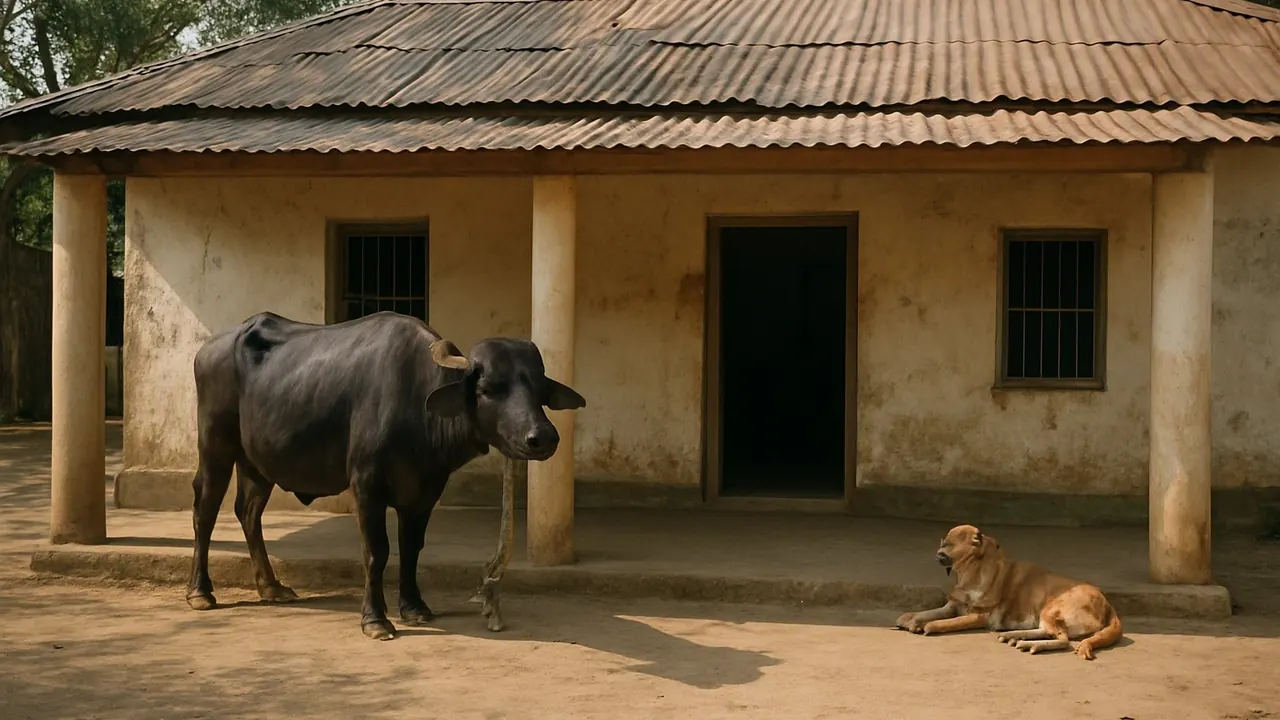 A buffalo and a resting dog outside a rural government veterinary dispensary, where many vet posts in India lie vacant