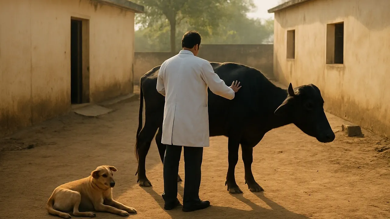 A vet in a white coat, seen from behind, with a buffalo at a rural dispensary while an Indie dog rests nearby