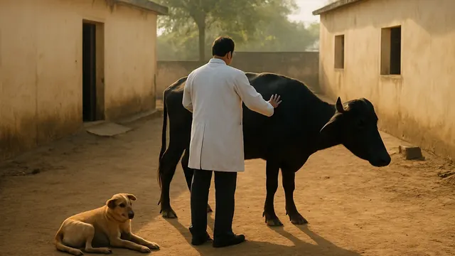 A vet in a white coat, seen from behind, with a buffalo at a rural dispensary while an Indie dog rests nearby