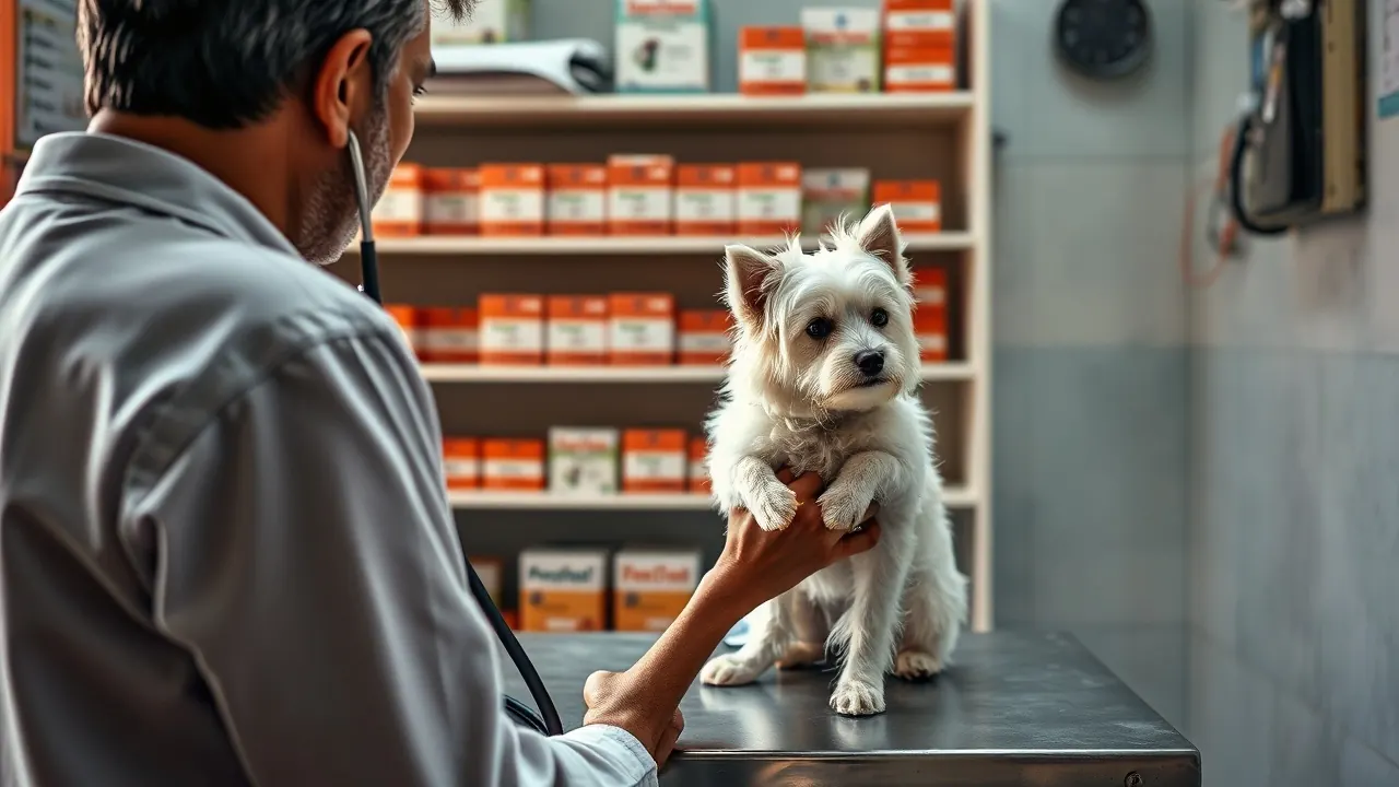 A vet seen from behind listens to a white Indian Spitz on a clinic table held by its owner.