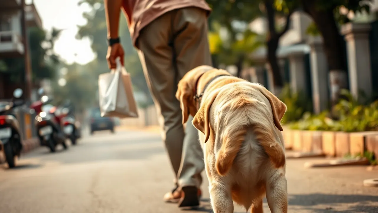 An owner picks up after a Labrador on a street walk, the surest fix for a dog eating poop
