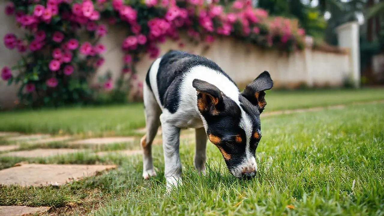 A young mixed-breed dog sniffs the lawn, as younger dogs are the ones most likely to eat grass